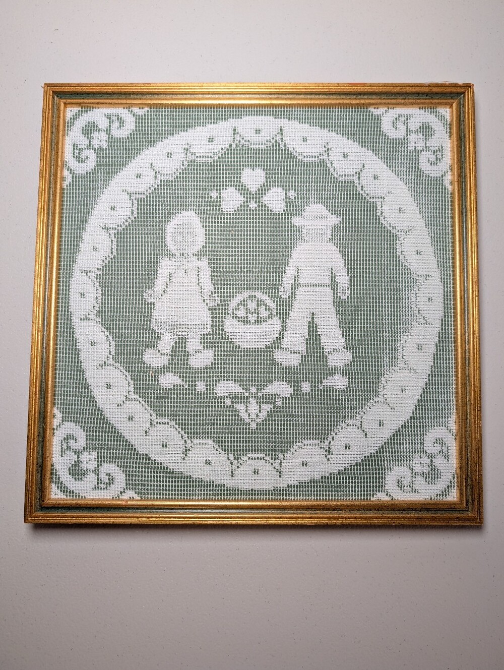Vintage Lacework Art Picture Featuring An Amish Man And Woman Cottagecore